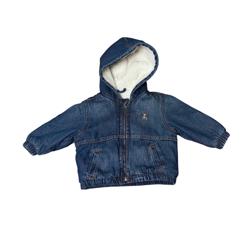 Baby Gap 12-18 Months Blue Denim Sherpa Lined Hooded Jacket Brannan Bear Logo